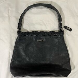 Cole Haan Black Pebbled Leather Satchel Hobo Shoulder Bag Purse Pleated Edge